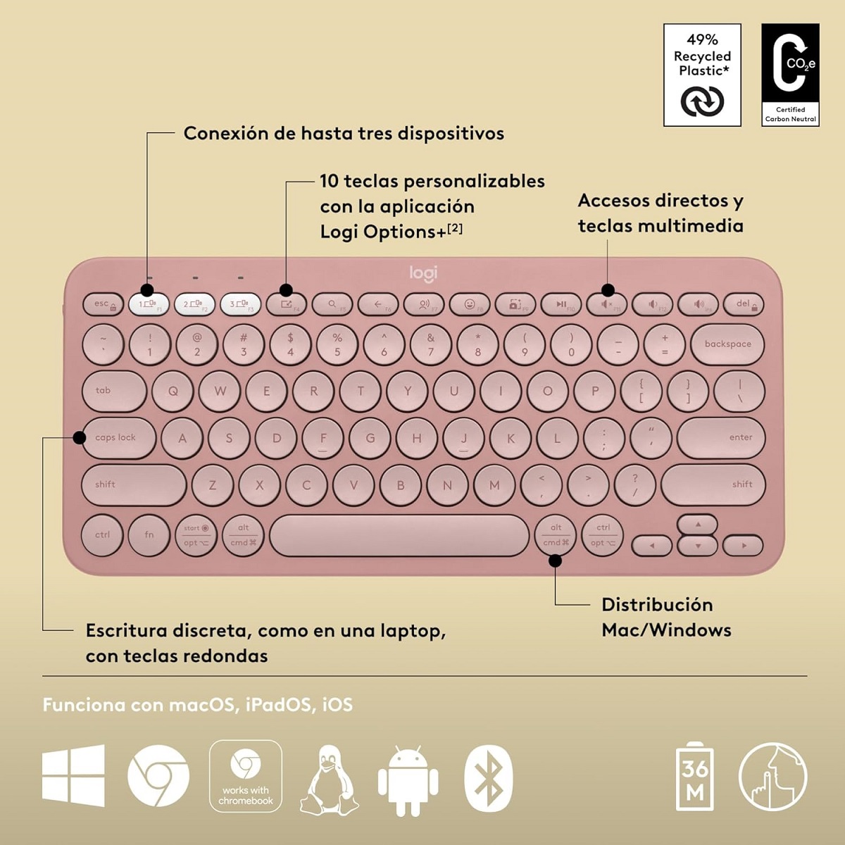 Teclado Logitech Bluetooth PEBBLE KEYS 2 K380S Rosado 920-011785