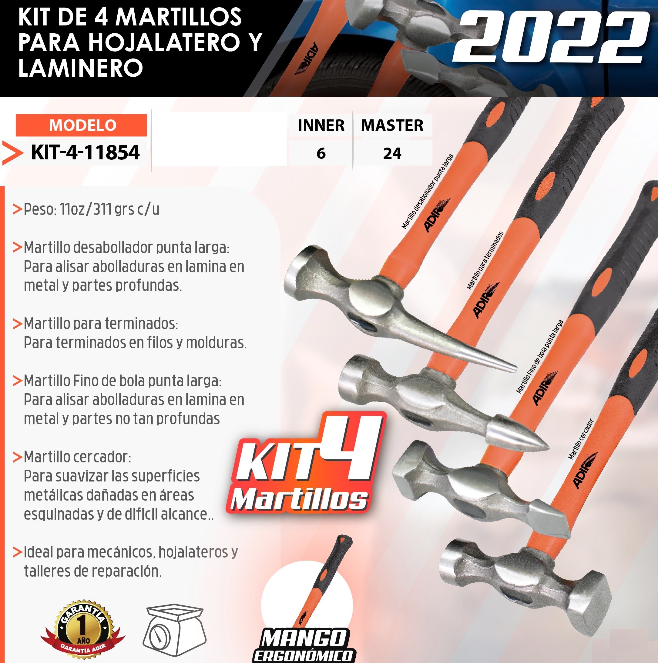Kit de 4 Martillos para Ojalatero y Laminero 11854 Adir