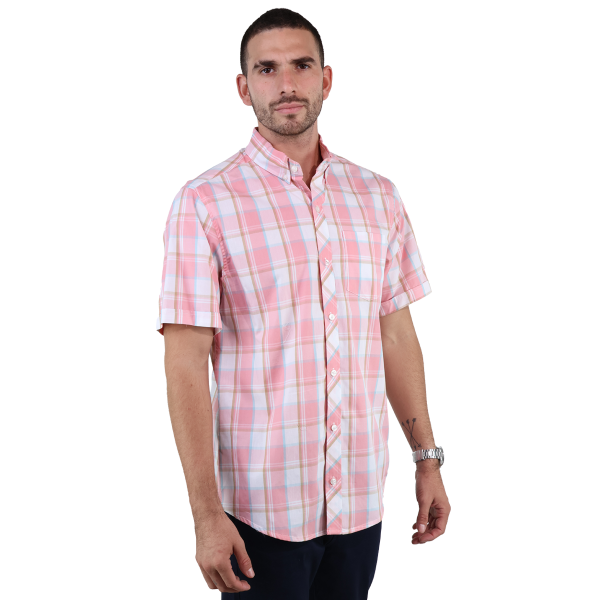 Camisa De Algodón Con Textura De Cuadros Rosa Manga Corta Para Hombre