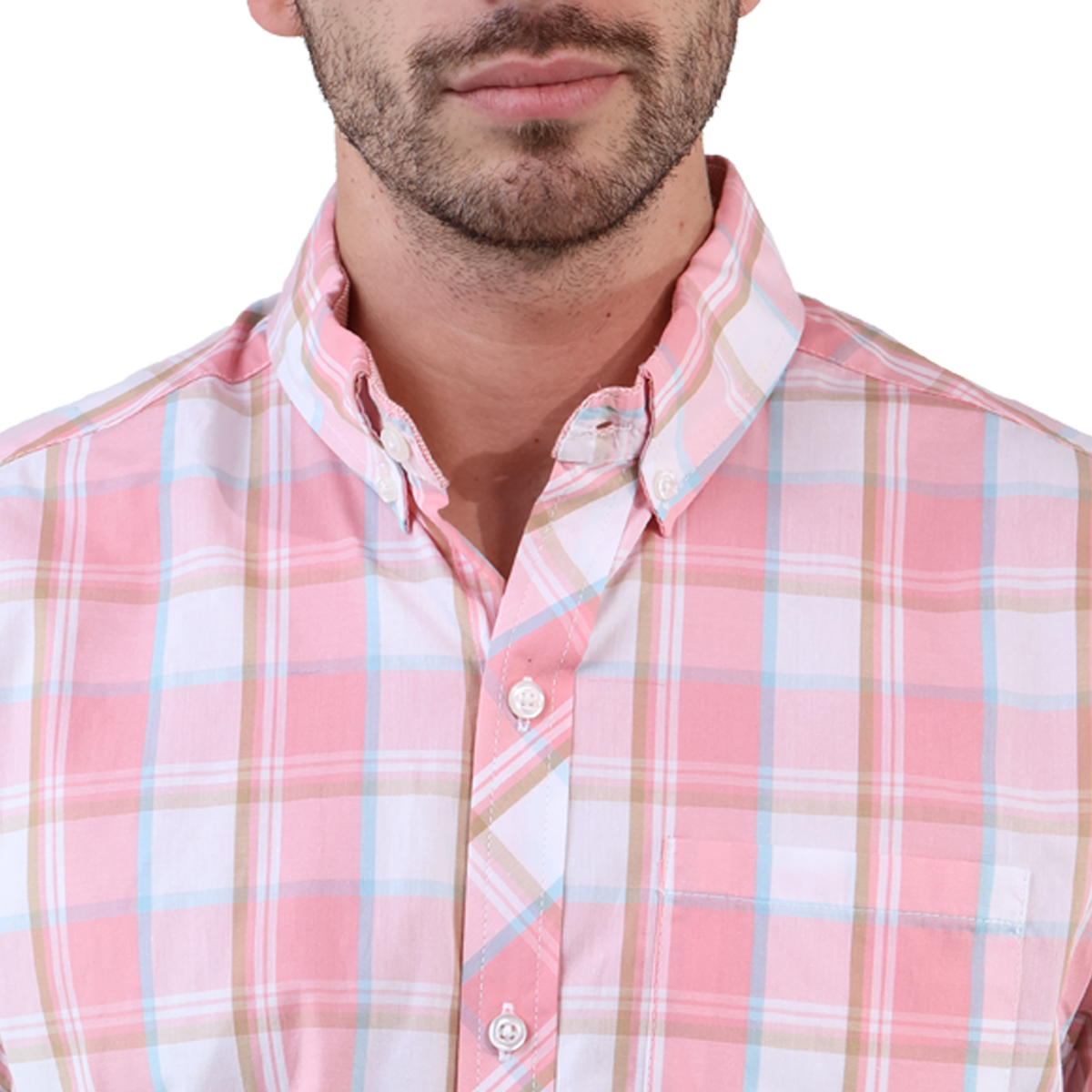 Camisa De Algodón Con Textura De Cuadros Rosa Manga Corta Para Hombre