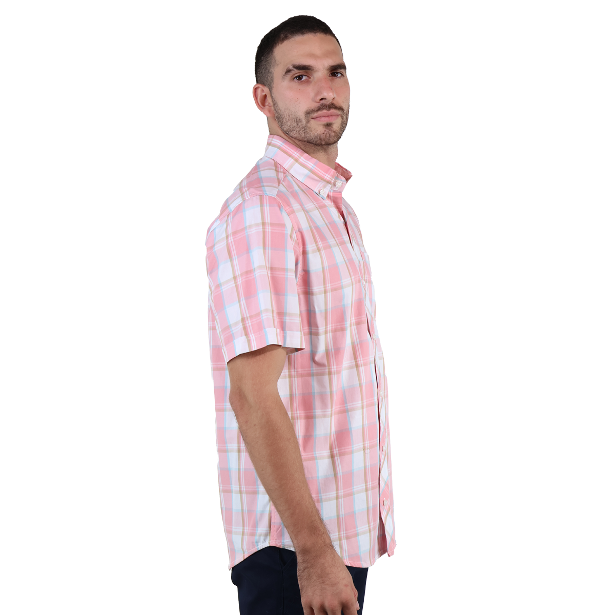 Camisa De Algodón Con Textura De Cuadros Rosa Manga Corta Para Hombre