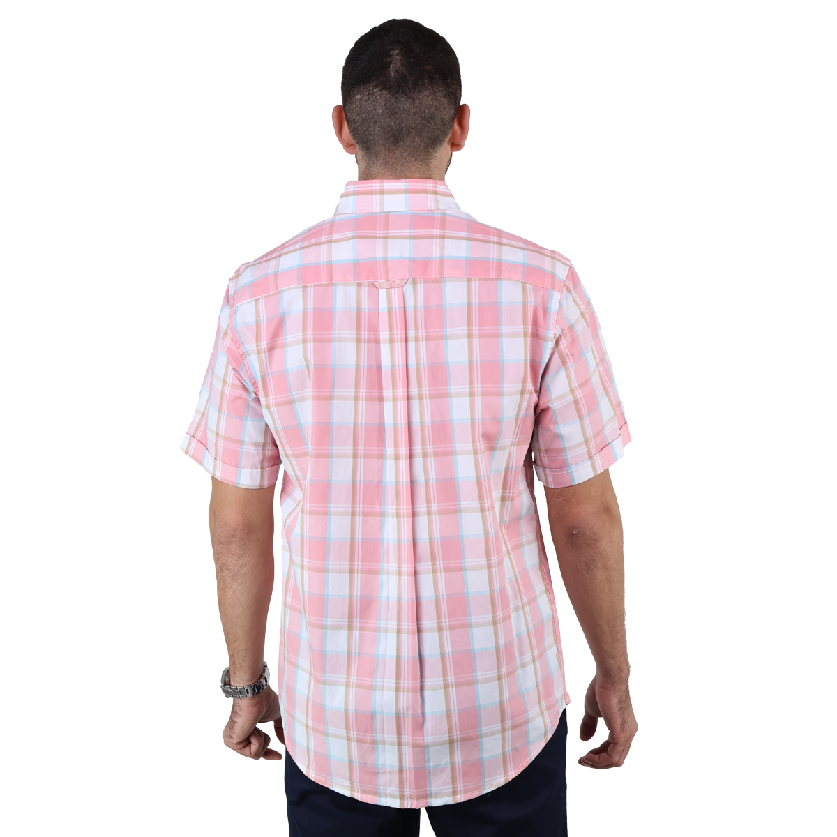 Camisa De Algodón Con Textura De Cuadros Rosa Manga Corta Para Hombre