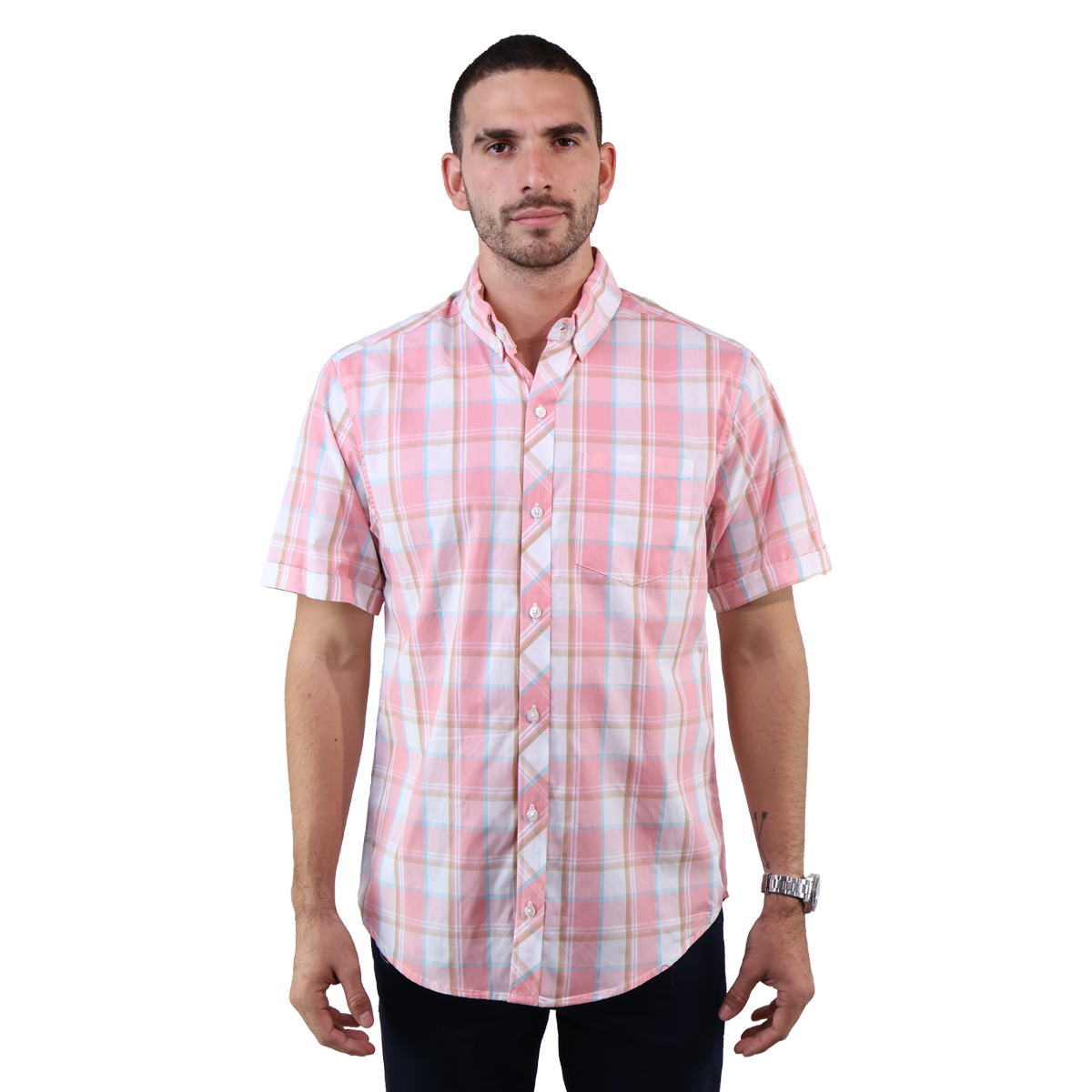 Camisa De Algodón Con Textura De Cuadros Rosa Manga Corta Para Hombre