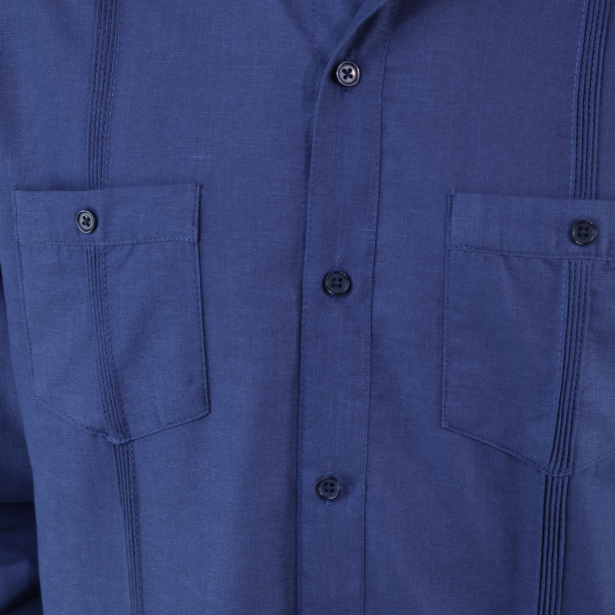 Guayabera Corte Clasico Azul Marino Manga Larga Con Alforza Textura Lino Para Hombre
