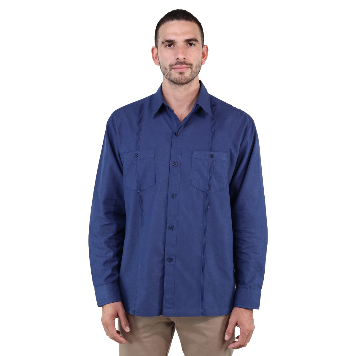 Guayabera Corte Clasico Azul Marino Manga Larga Con Alforza Textura Lino Para Hombre