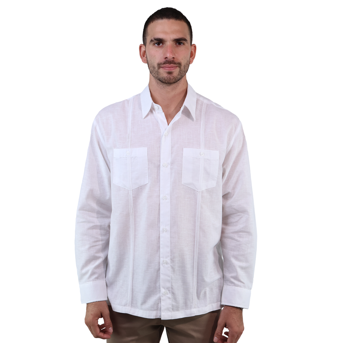 Guayabera Manga Larga Color Blanca Cuello Italiano Corte Clasico Para Caballero