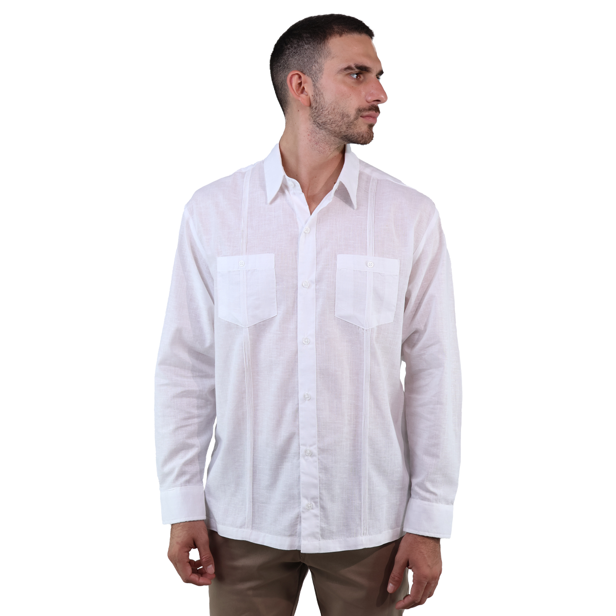 Guayabera Manga Larga Color Blanca Cuello Italiano Corte Clasico Para Caballero