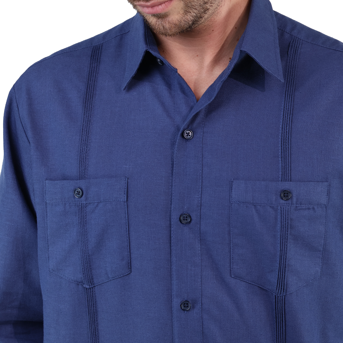 Guayabera Corte Clasico Azul Marino Manga Larga Con Alforza Textura Lino Para Hombre