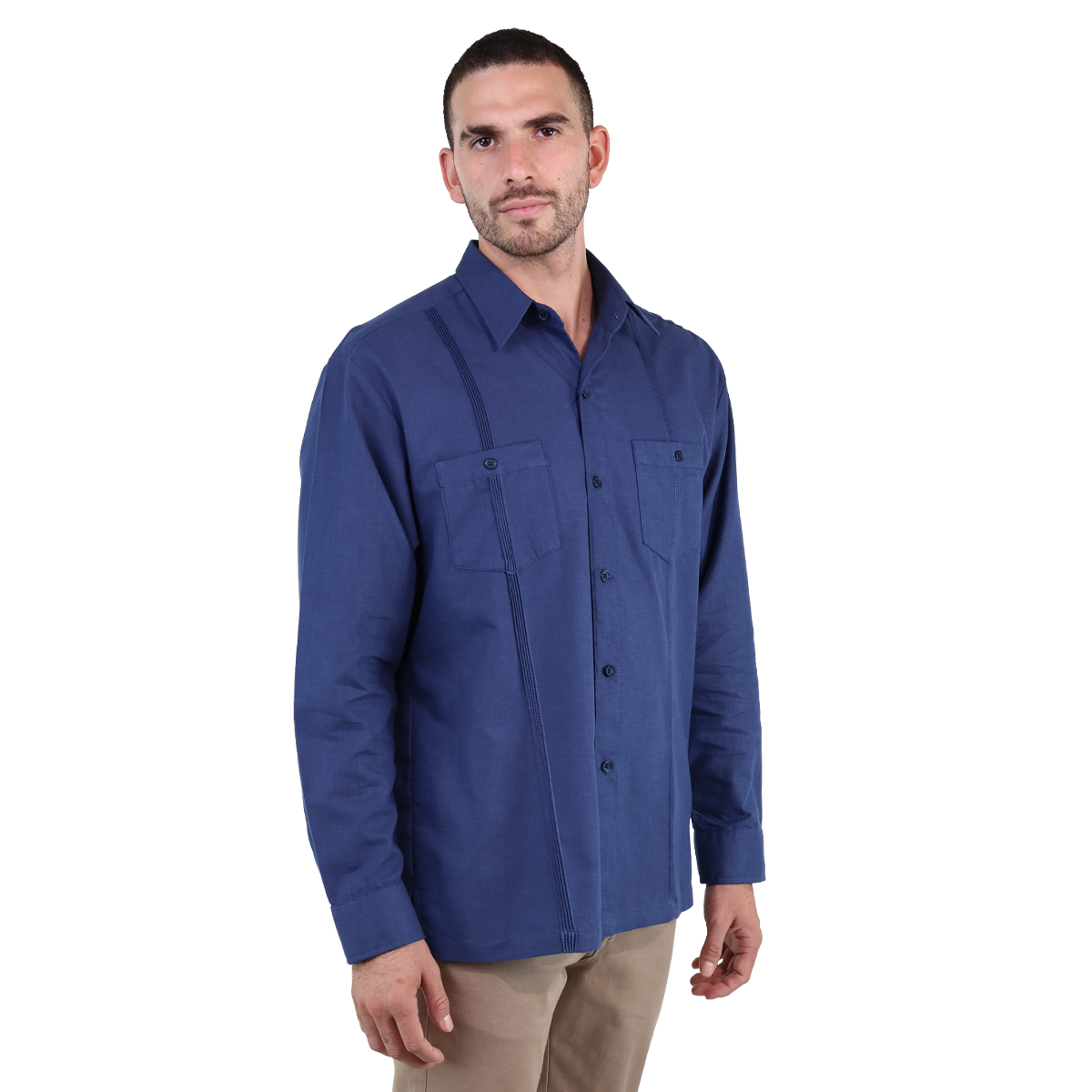 Guayabera Corte Clasico Azul Marino Manga Larga Con Alforza Textura Lino Para Hombre