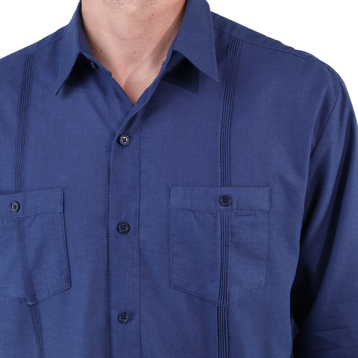Guayabera Corte Clasico Azul Marino Manga Larga Con Alforza Textura Lino Para Hombre