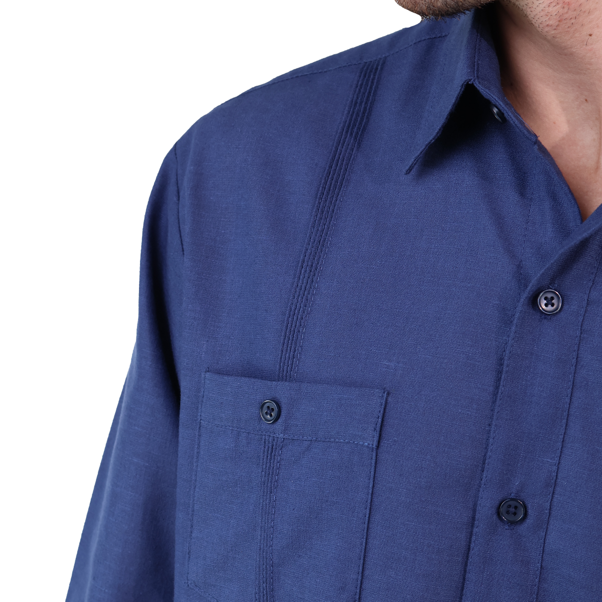 Guayabera Corte Clasico Azul Marino Manga Larga Con Alforza Textura Lino Para Hombre