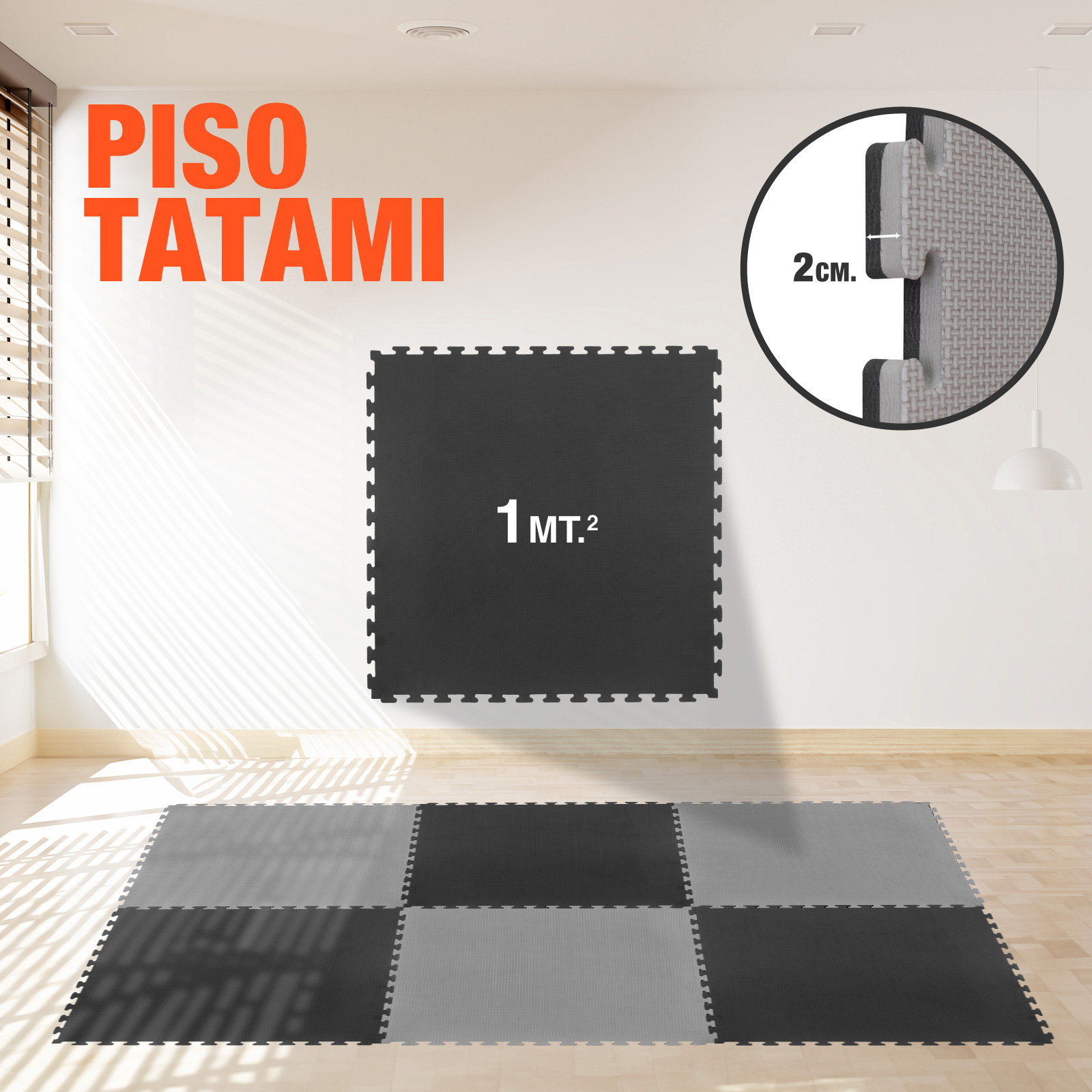 Tatami Judo Taekwondo Piso Para Gimnasio 1m Altera 1pza Patron T Color Negro-Gris