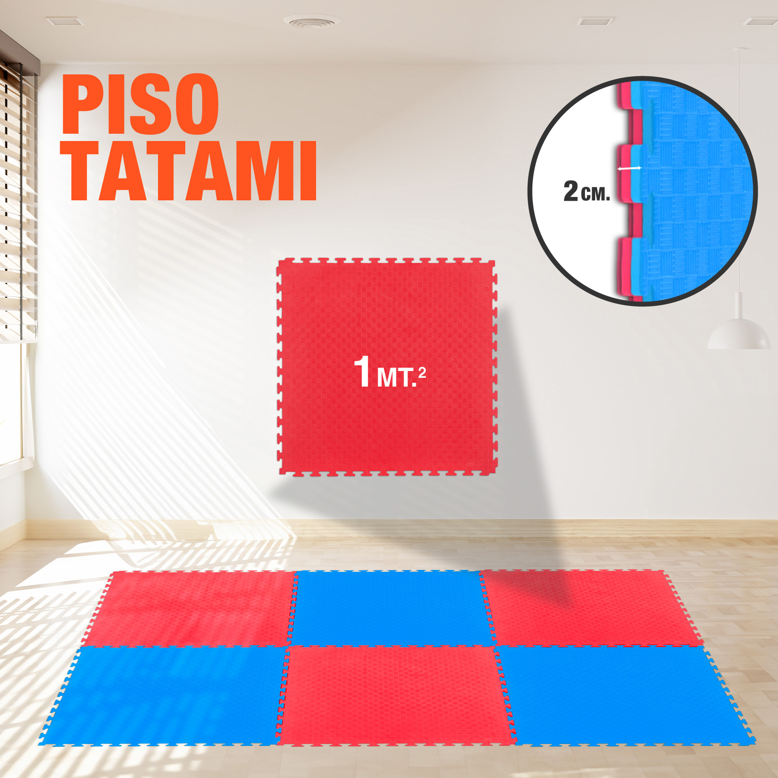 Tatami Judo Taekwondo Piso Para Gimnasio 1m Altera 1pz Patron Cuadros Color Rojo-Azul 