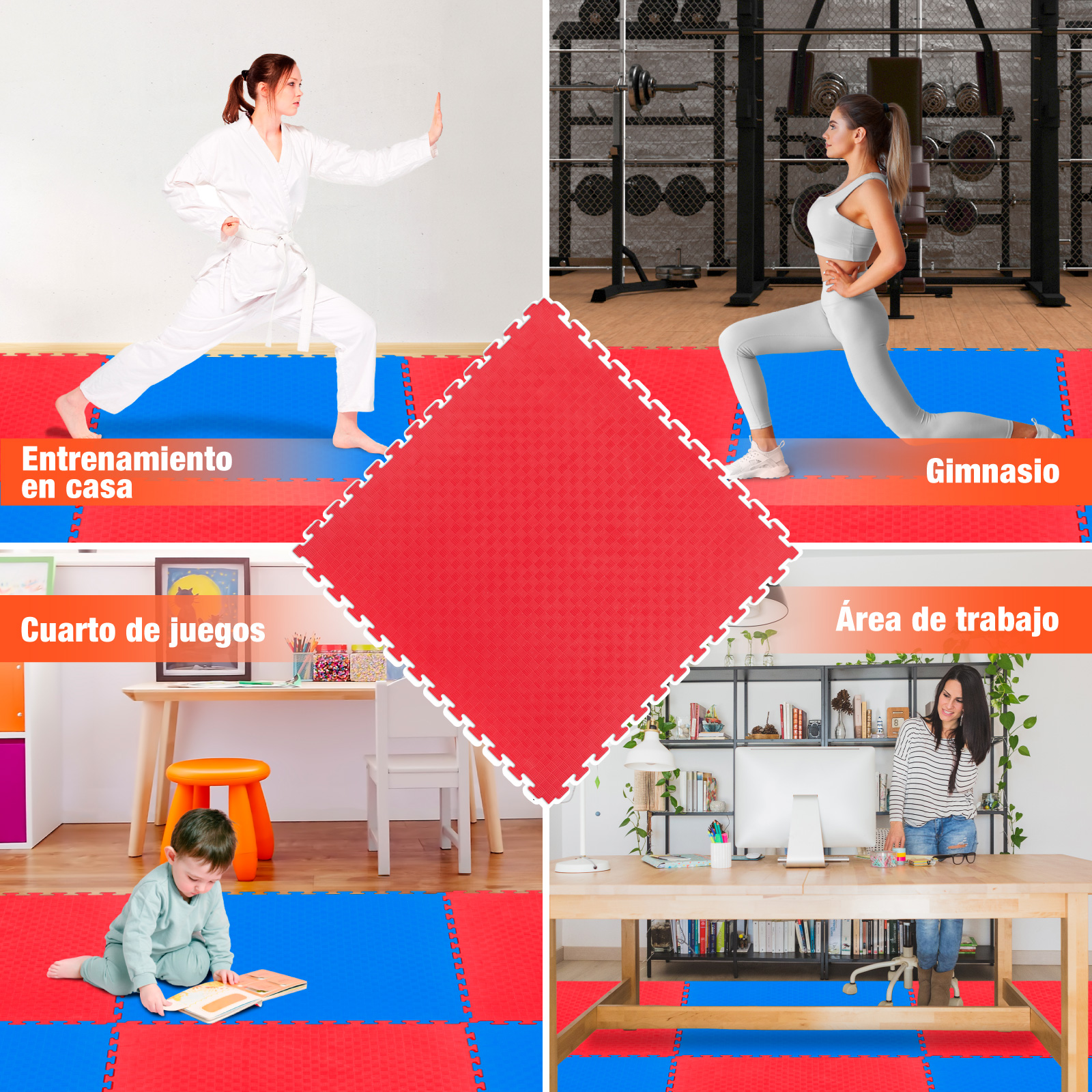 Tatami Judo Taekwondo Piso Para Gimnasio 1m Altera 1pz Patron Cuadros Color Rojo-Azul 