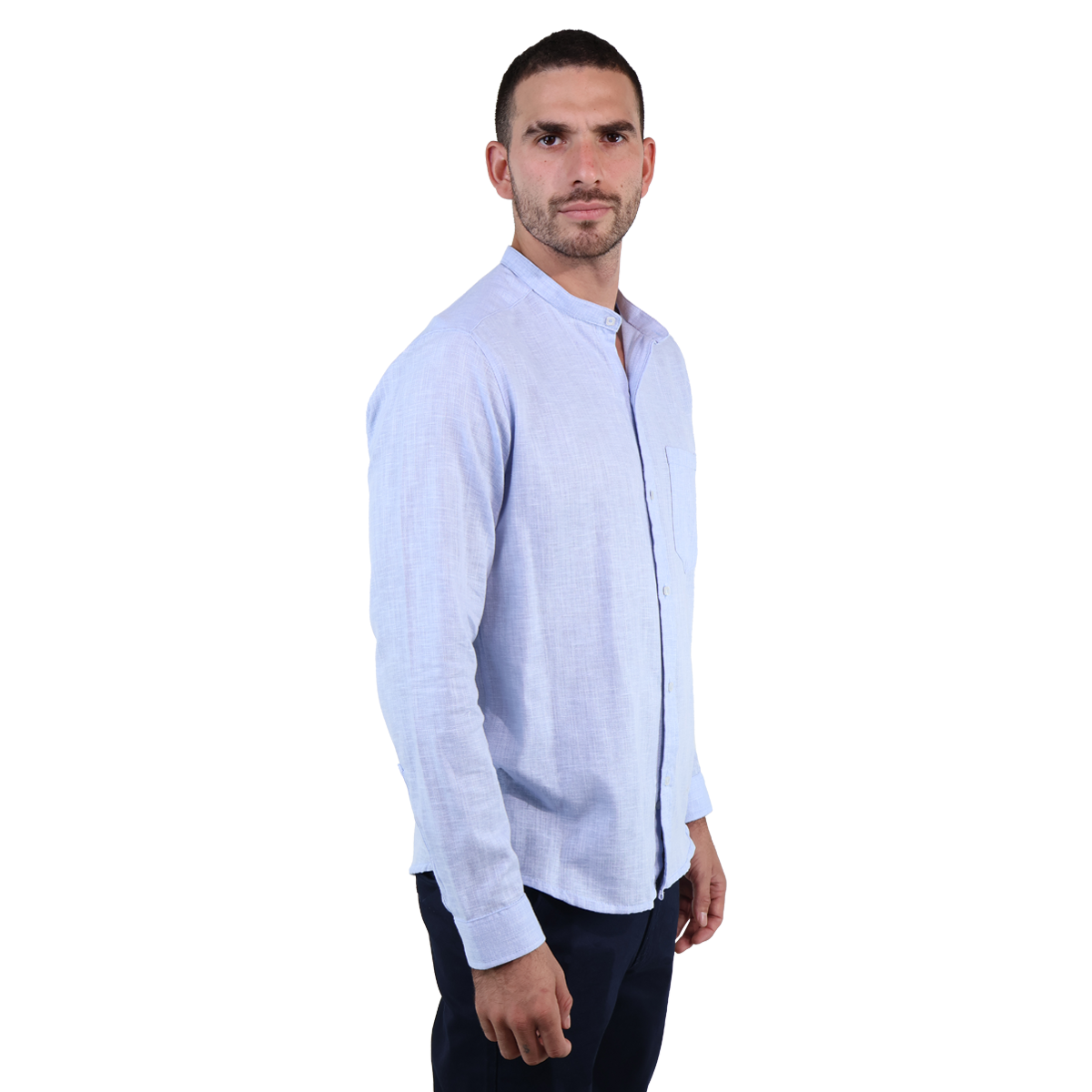 Camisa Manga Larga Slim Fit Cuello Mao Textura Lino Para Hombre