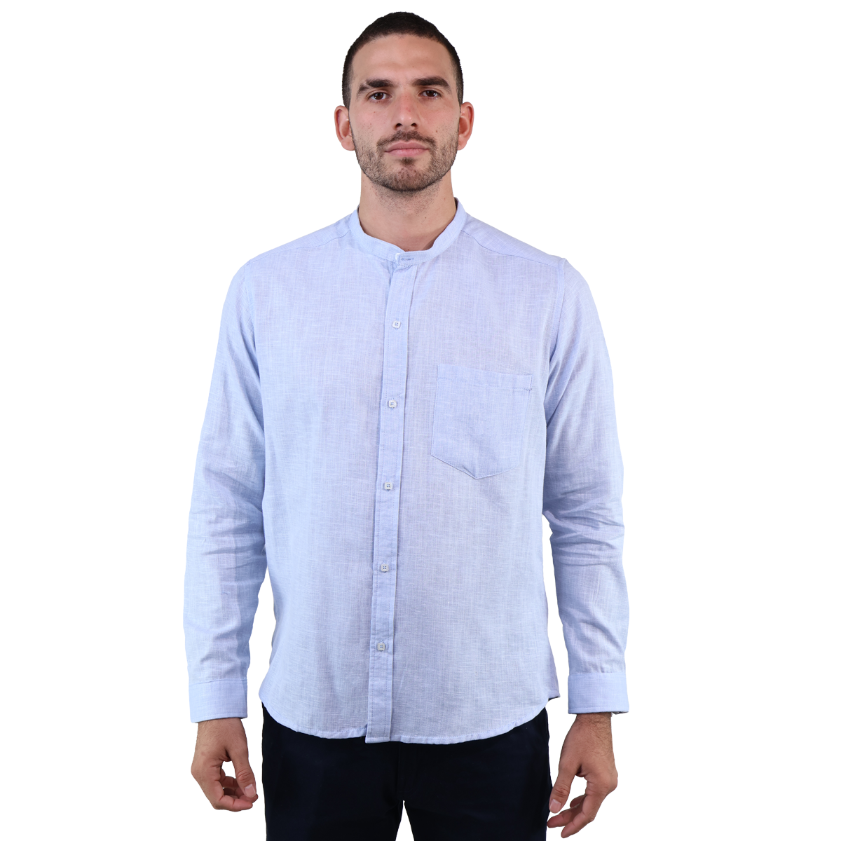Camisa Manga Larga Slim Fit Cuello Mao Textura Lino Para Hombre