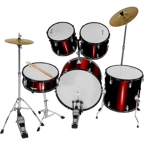 Bateria Musical Acustica 5pz Platillos Atriles Bombo 23 Pul Rojo Audiotek