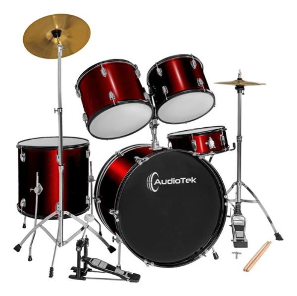 Bateria Musical Acustica 5pz Platillos Atriles Bombo 23 Pul Rojo Audiotek