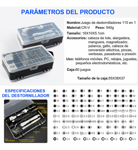 Kit De Desarmadores Y Herramientas Juego Mecánicas 115 En 1 Color Negro