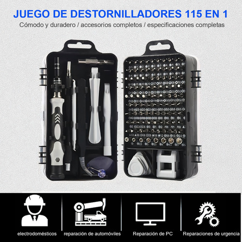 Kit De Desarmadores Y Herramientas Juego Mecánicas 115 En 1 Color Negro
