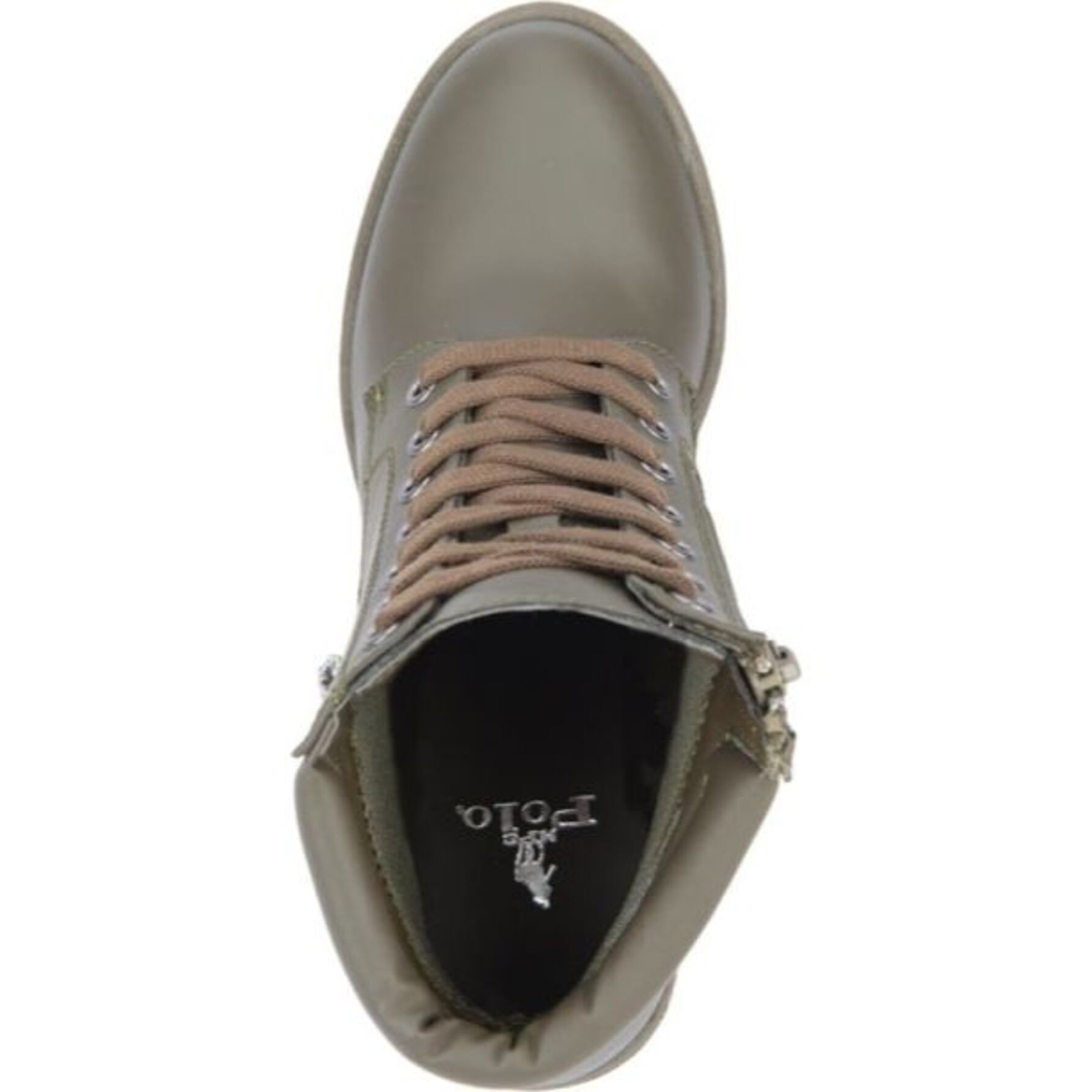 Botas para mujer, de tipo militar, con acabado graso, agujetas y tacón medio, marca HPC Polo, color verde olivo, mod. 1179715