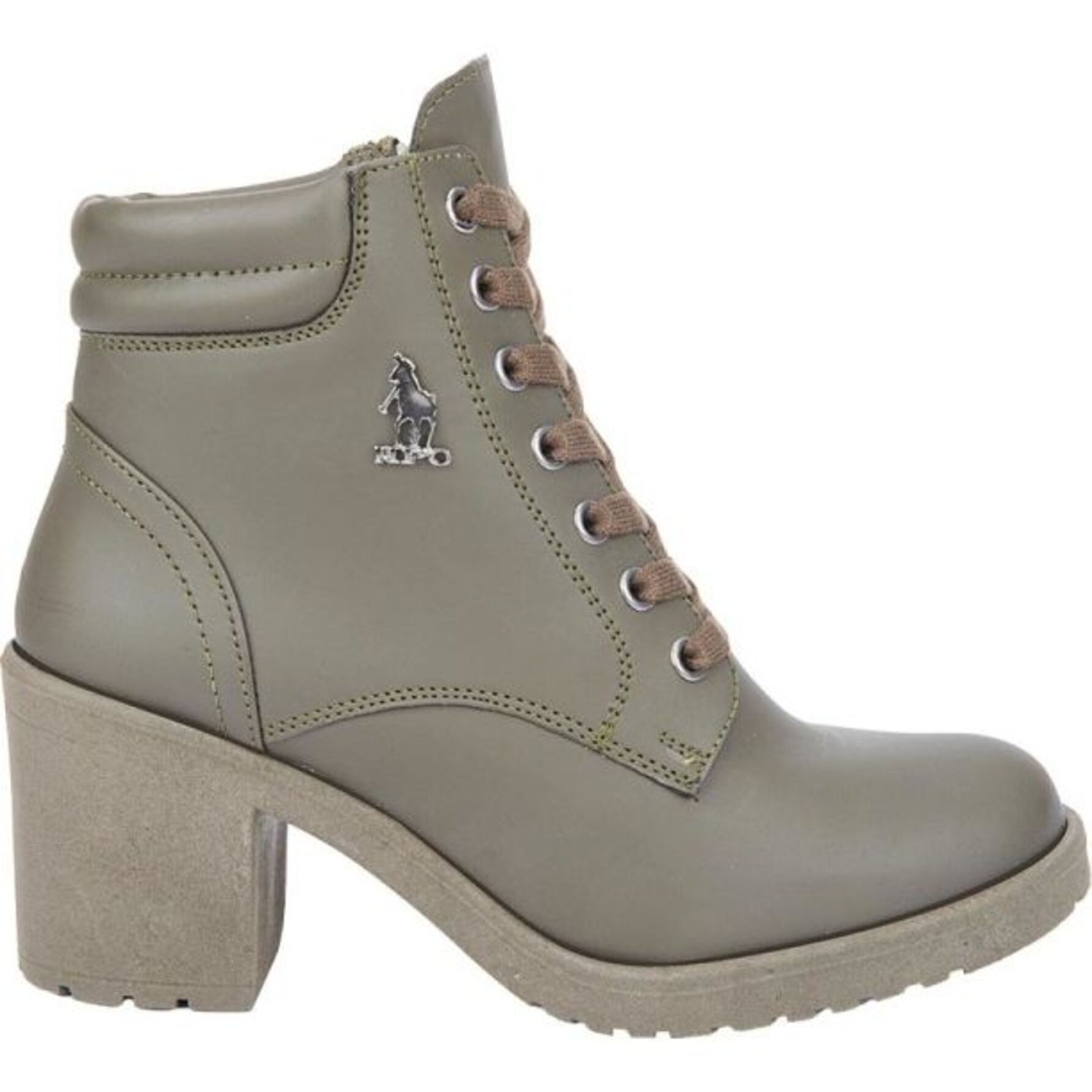 Botas para mujer, de tipo militar, con acabado graso, agujetas y tacón medio, marca HPC Polo, color verde olivo, mod. 1179715
