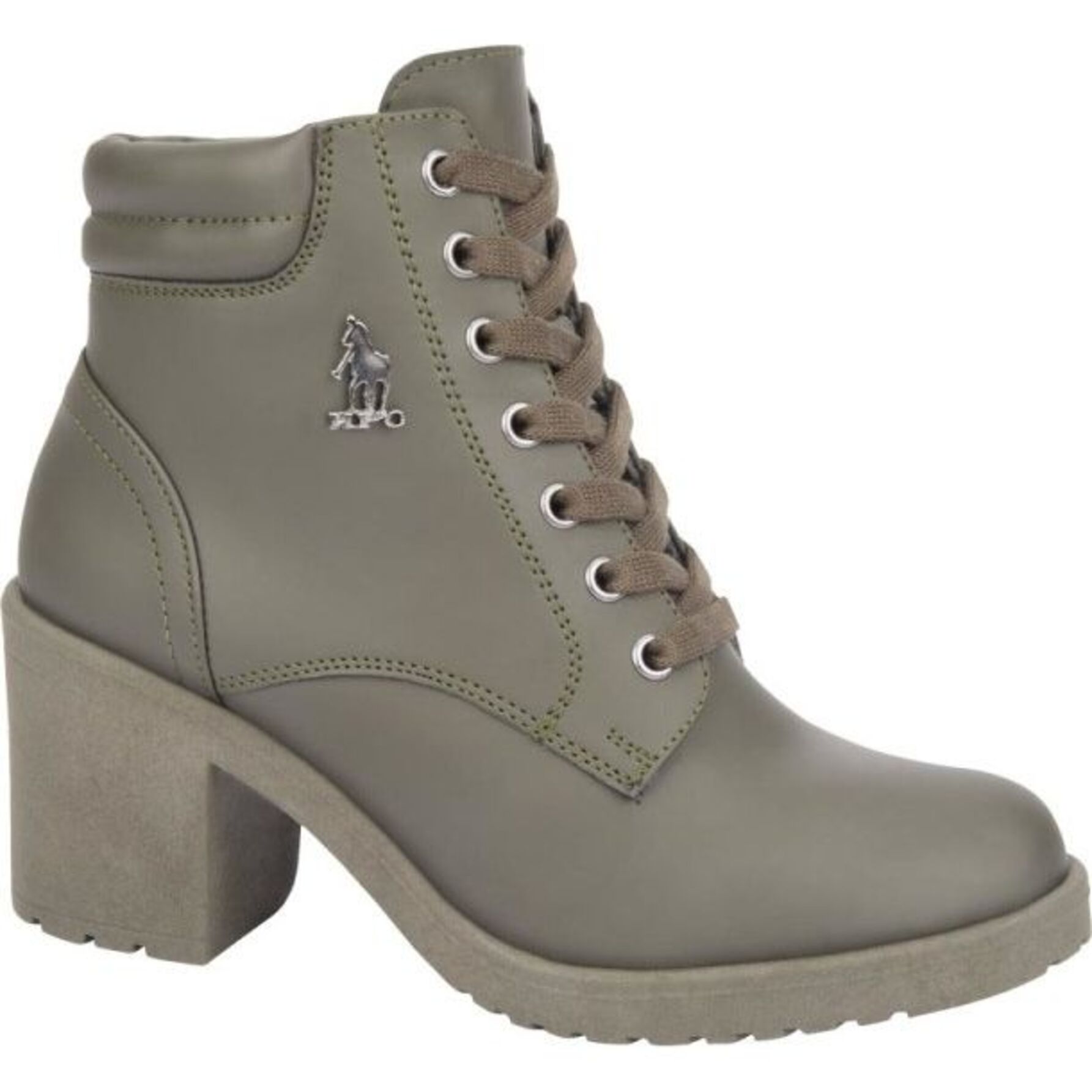 Botas para mujer, de tipo militar, con acabado graso, agujetas y tacón medio, marca HPC Polo, color verde olivo, mod. 1179715