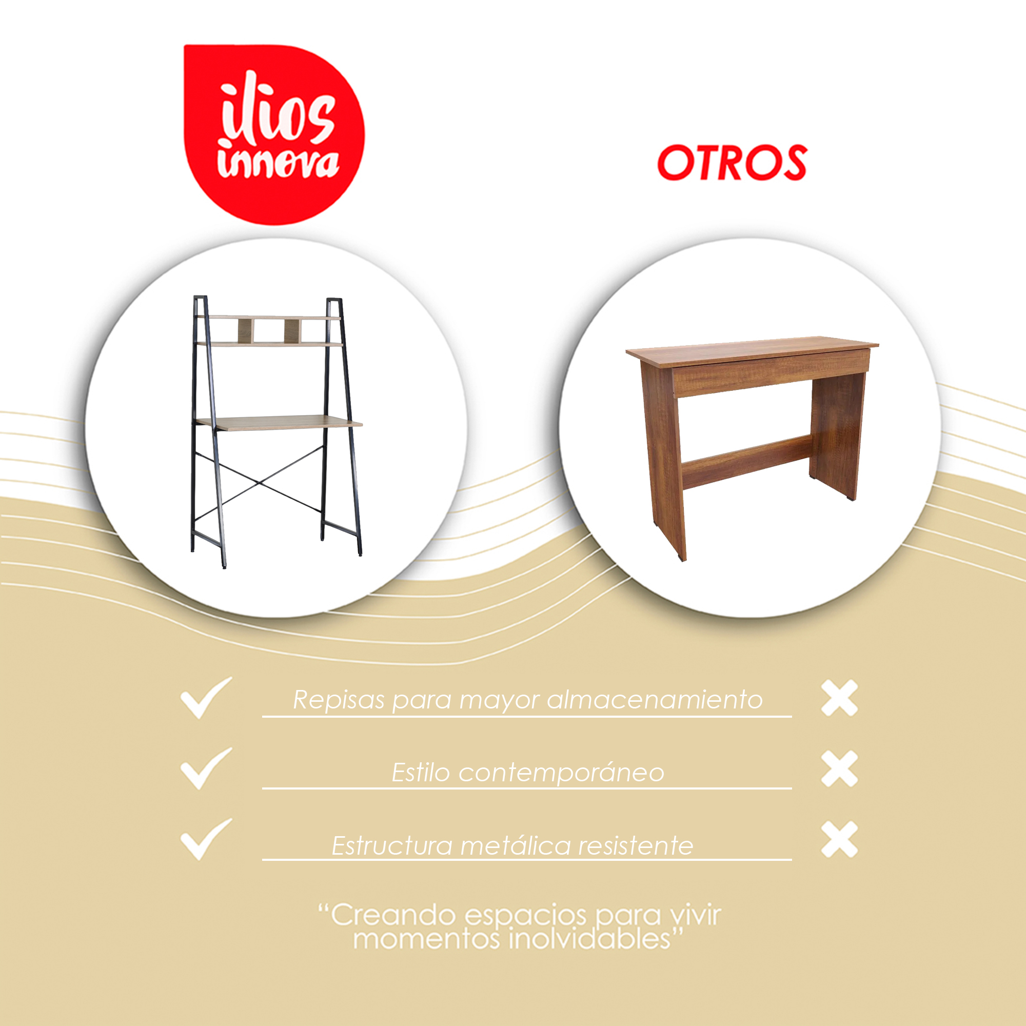 Ilios Innova |  Escritorio Oslo Café con Estructura Metálica y Repisas