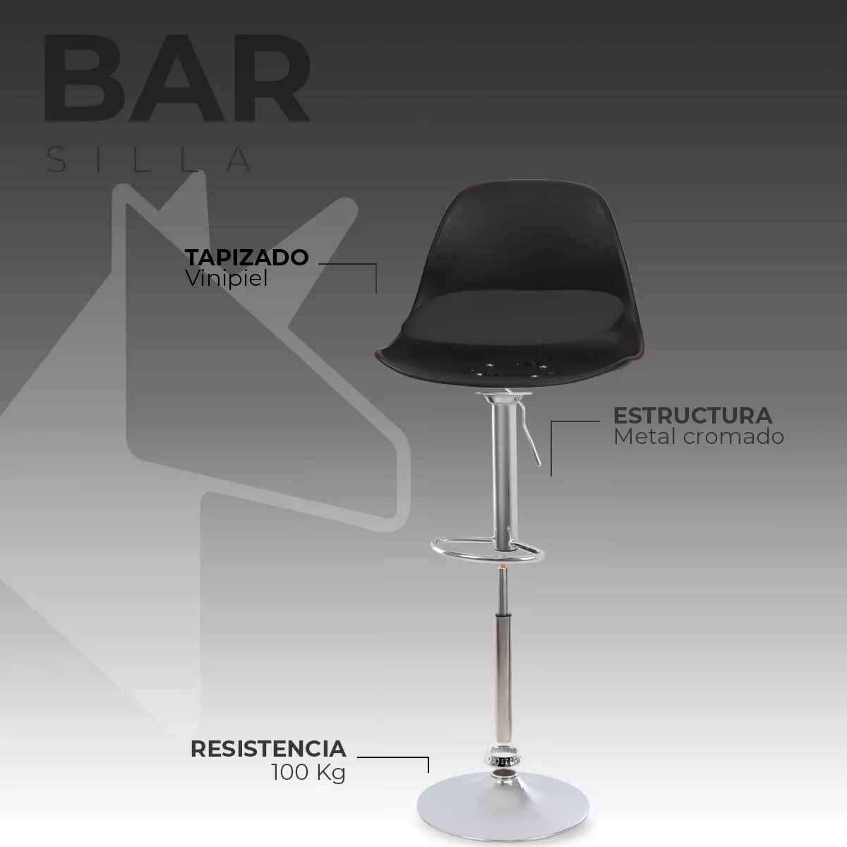 Set 4 Sillas de Bar con Reposapiés de Altura Ajustable y Diseño Ergonómico Ideal para Bar y Barra de Cocina GNBRS01 color negro