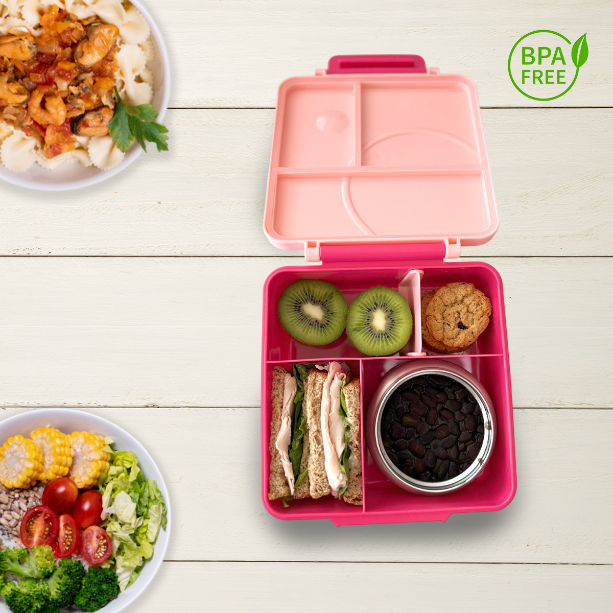 Lonchera para niña tipo omiebox incluye termo, bento box c 4 compartimentos modulables, lunch box hermético, BPA Free