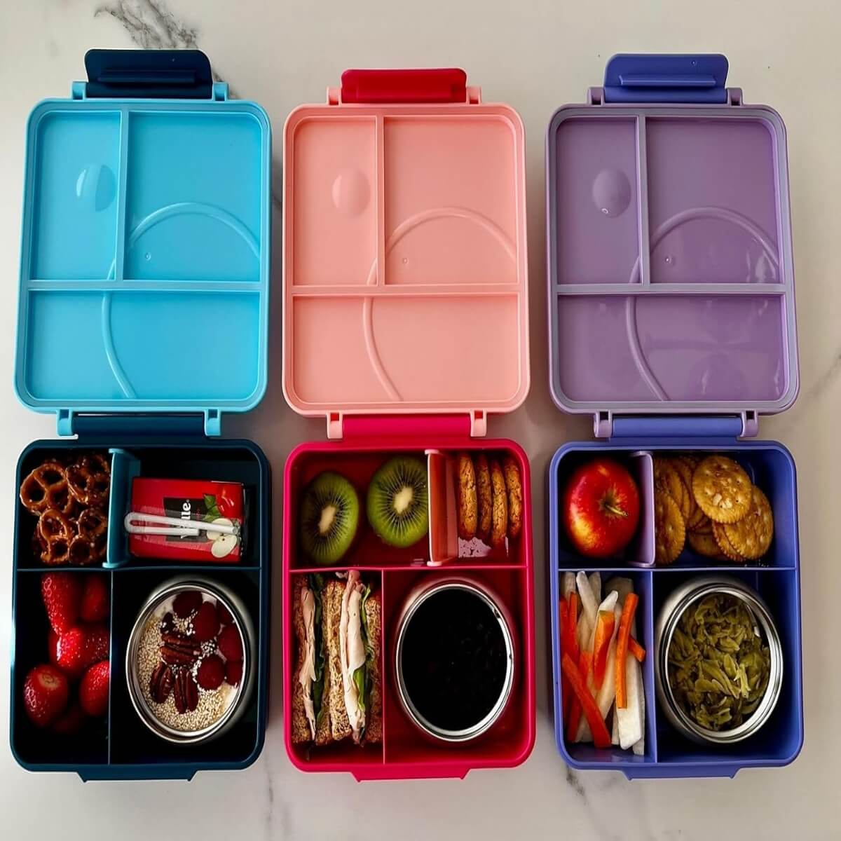 Lonchera niña y niño tipo omiebox c/ termo; bento box c 4 compartimentos modulables; hermético,  BPA Free