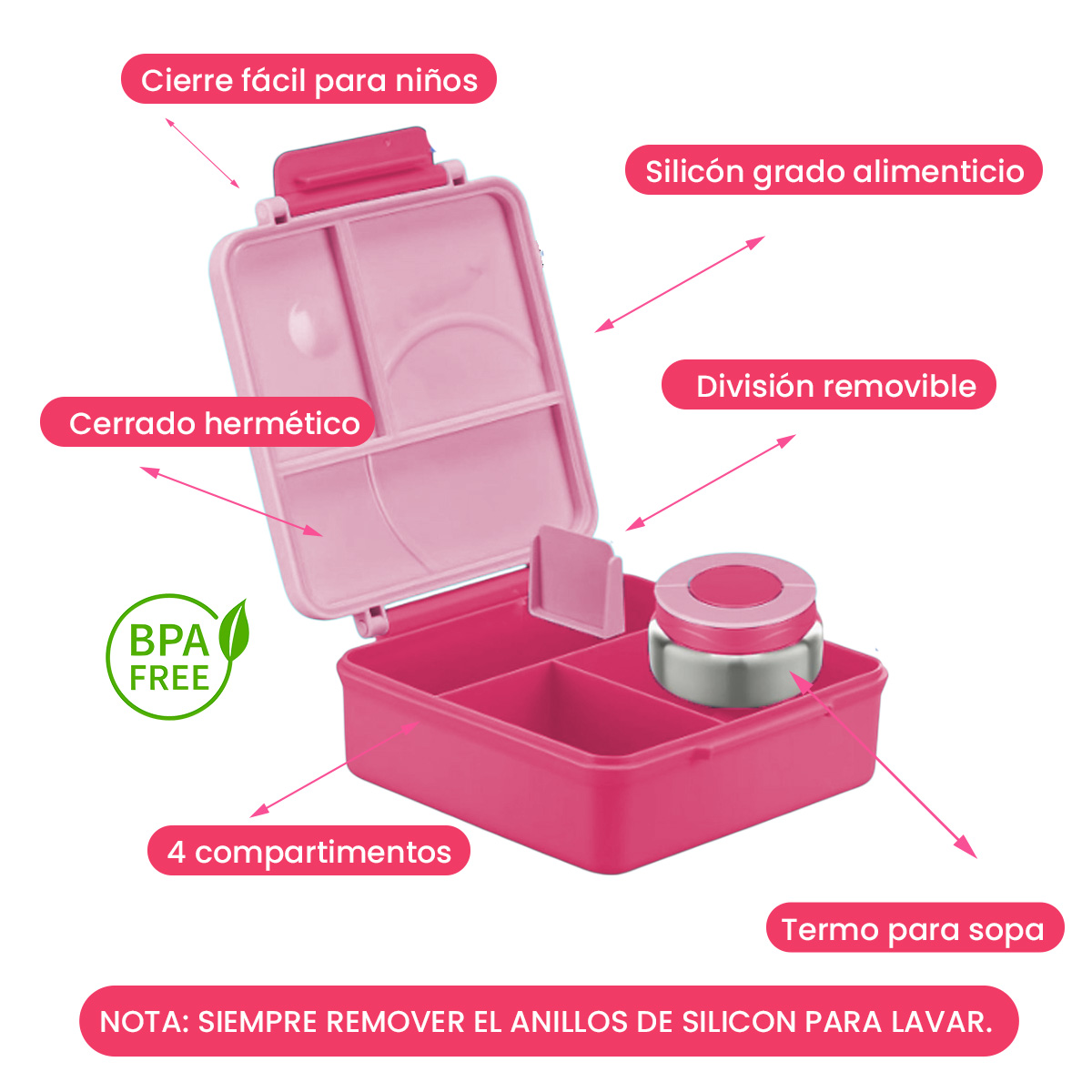 Lonchera para niña tipo omiebox incluye termo, bento box c 4 compartimentos modulables, lunch box hermético, BPA Free