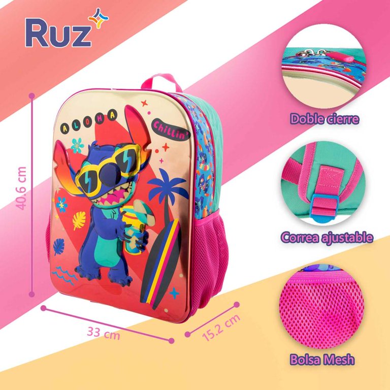 Mochila Escolar BackPack Ruz Stitch 3d Metálico