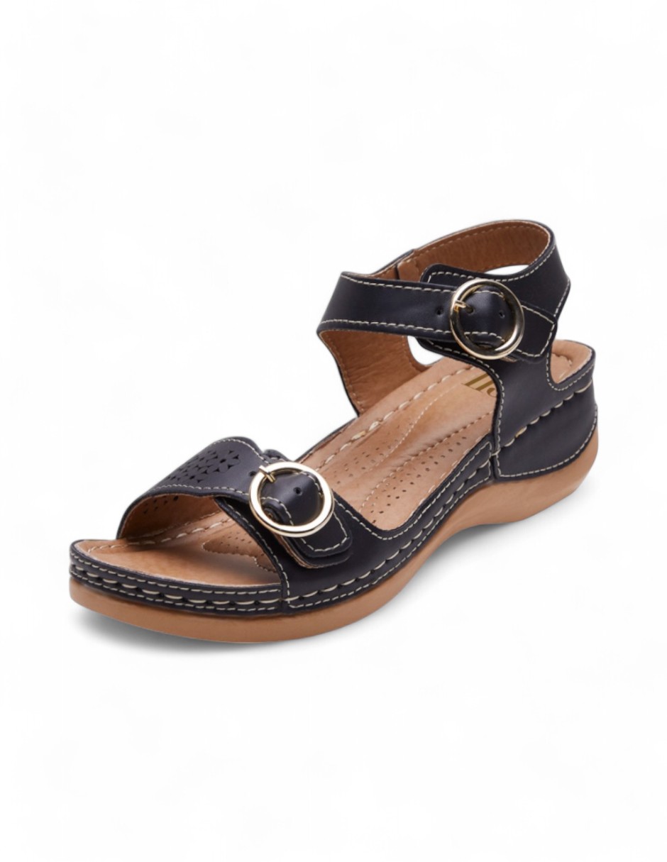 Sandalias Mujer Plataforma Tipo Piel Herraje y Madera Negro 
