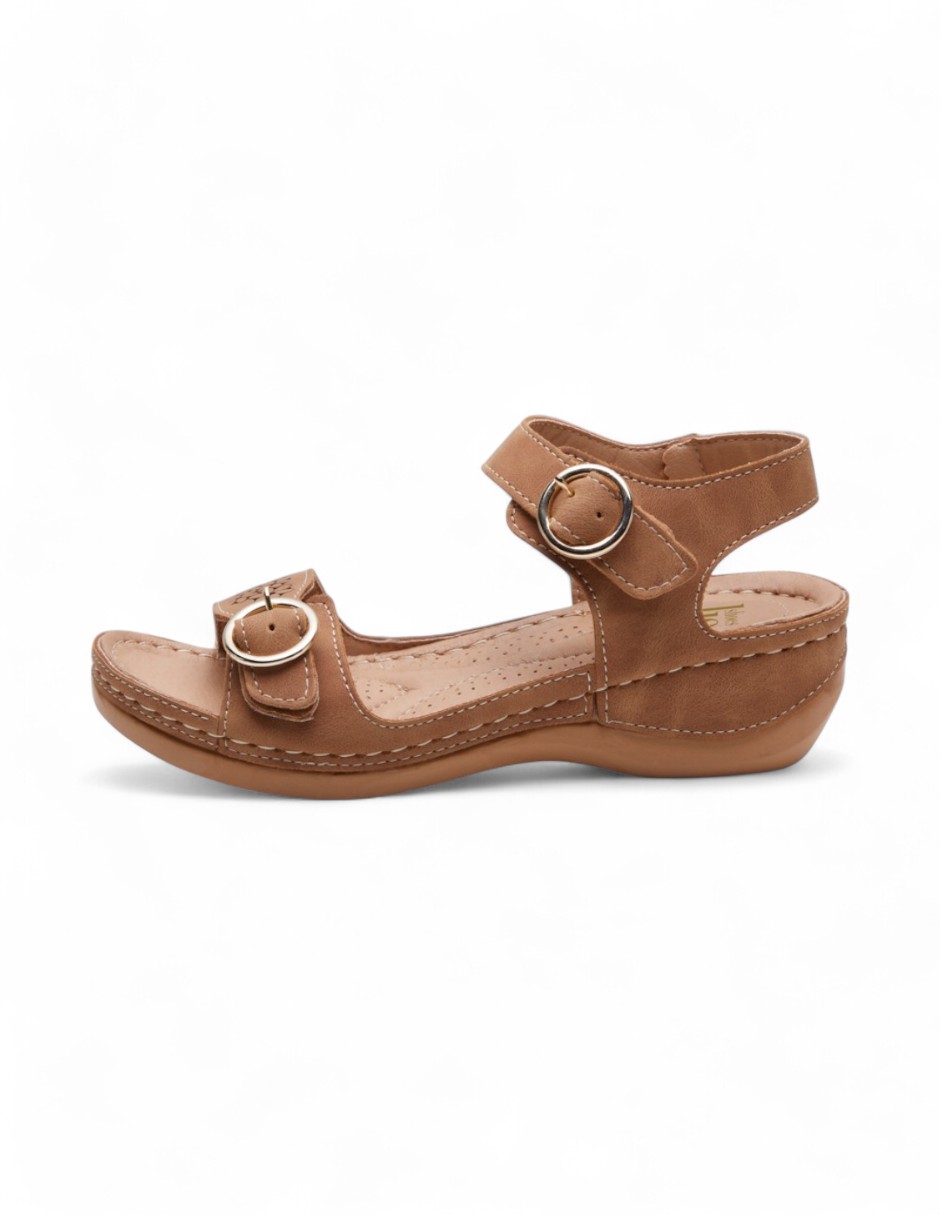 Sandalias Mujer Plataforma Tipo Piel Herraje y Madera Camel