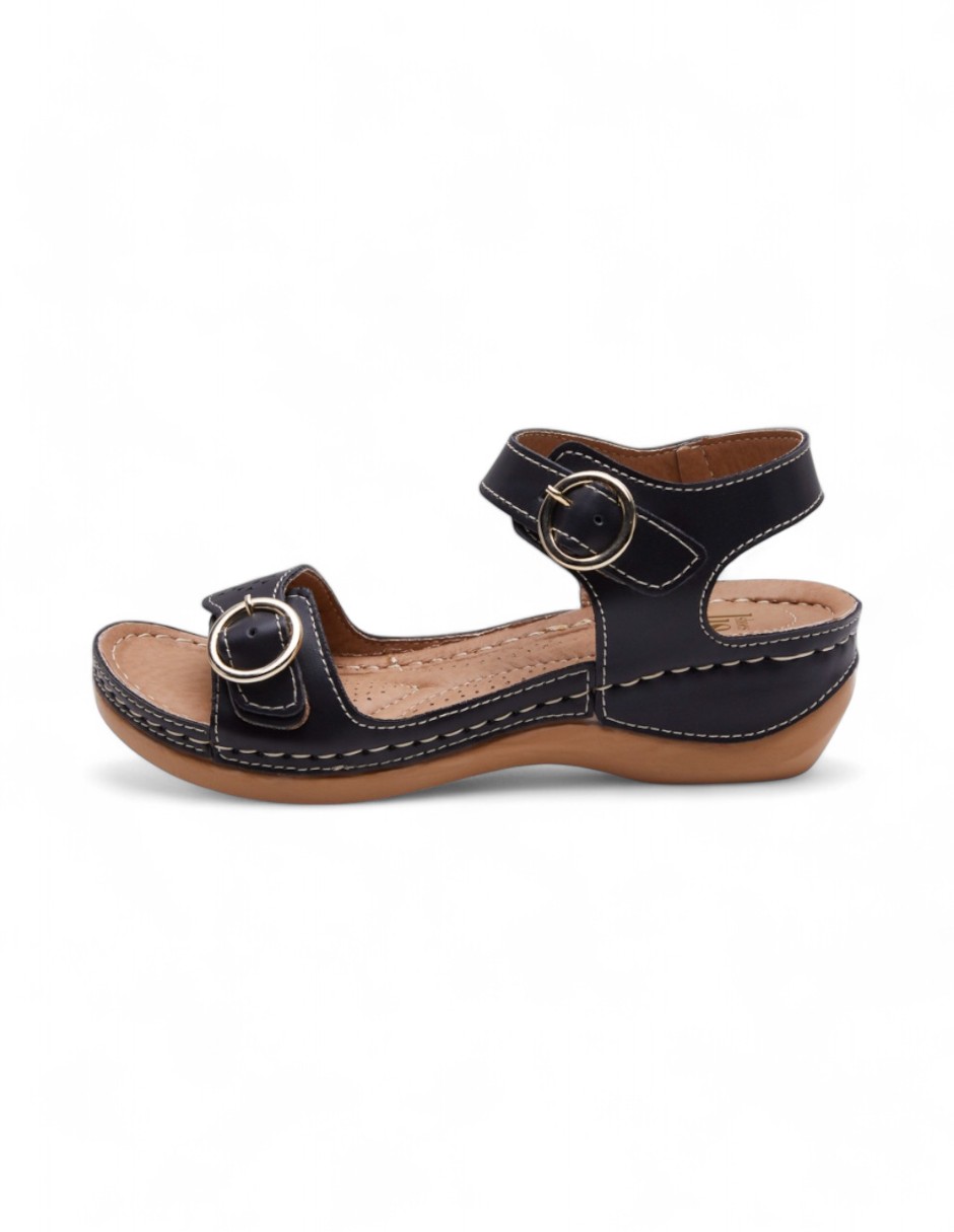 Sandalias Mujer Plataforma Tipo Piel Herraje y Madera Negro 