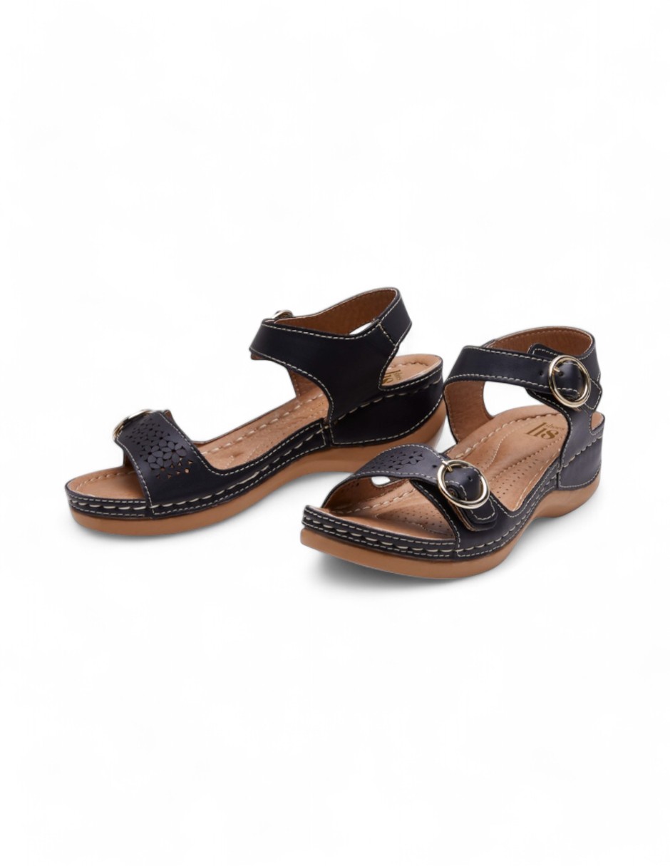 Sandalias Mujer Plataforma Tipo Piel Herraje y Madera Negro 