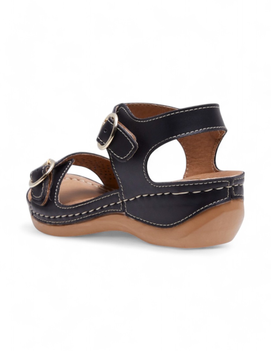 Sandalias Mujer Plataforma Tipo Piel Herraje y Madera Negro 