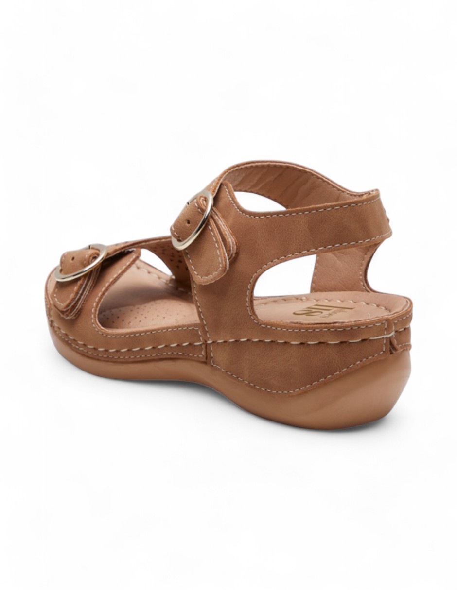 Sandalias Mujer Plataforma Tipo Piel Herraje y Madera Camel