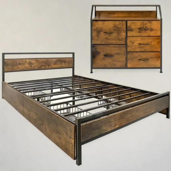 Base Cama Queen Recamara + Comoda 5 Cajones Country Moderno Houzer