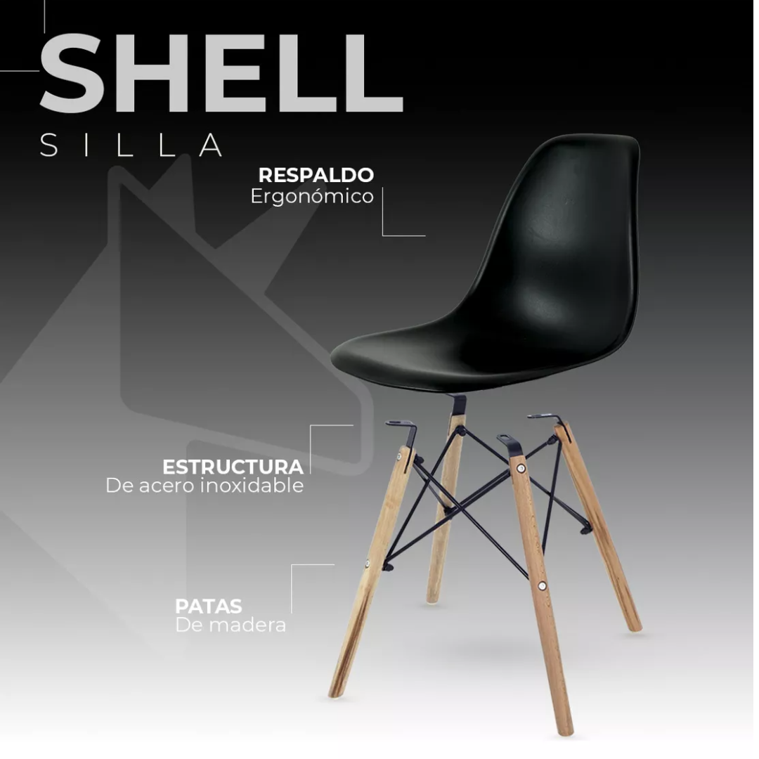 Silla de comedor con estructura color madera y asiento negro x 4 unidades Negro