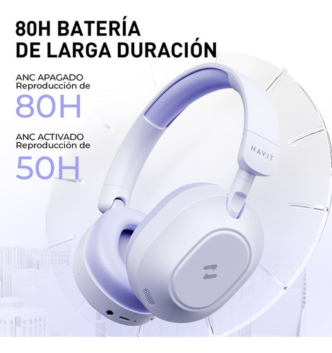 Havit LIFE NC01H Audífonos Inalámbrico Over Ear Cancelacion Ruido Gamer Diadema V5.4 Color Violeta