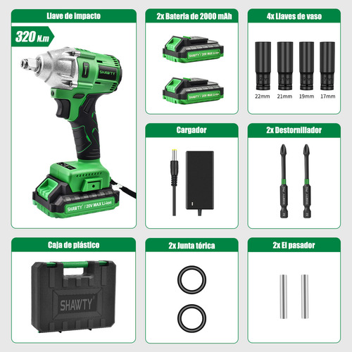 Llave De Impacto Eléctrica Inalámbrico Shawty 20V con 2 Baterías , Juego de Llaves de Impacto, Mandril de 1/4''，2400rpm，Pistola de Impacto con 320Nm Motor