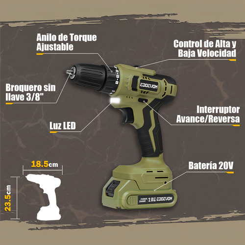 Taladro Atornillador Con Batería Y Brocas 2ah 3/8'' Edoevom EA20-P1 20V