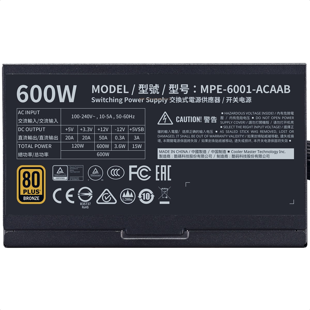 Fuente De Poder Cooler Master MWE Bronze 600 V2 600W 80 Plus MPE-6001-ACAAB-US