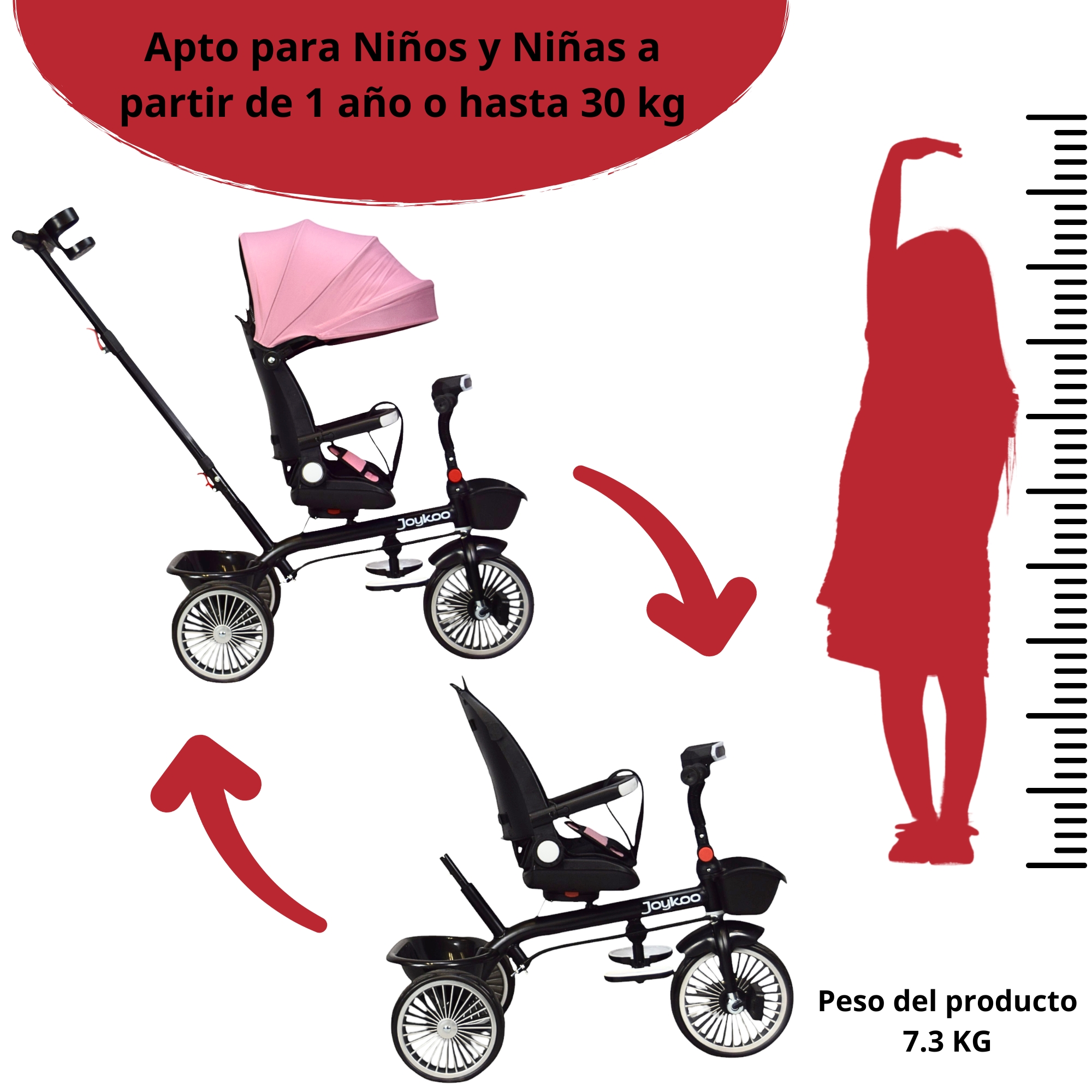Triciclo para Niños con Asiento Giratorio y Reclinable Luz Sonido Bastón Dirigible - Rosa