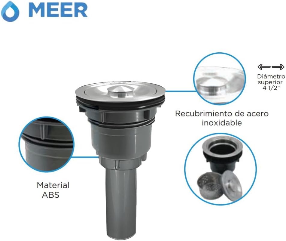 CNX MEER Faucets | Contra Canasta para Desagüe de Materiales Resistentes con Extensión de Tubo para Fregadero de Cocina (Gris Cromado)