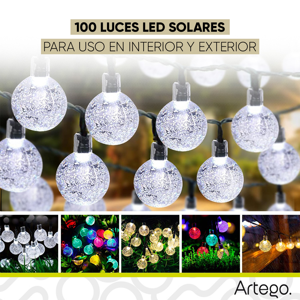 Luces solares 100 led esferas bola crystal style 8 modos de uso para exteriores Guirnalda de luces solares string lights outdoor patio lights wedding party decor