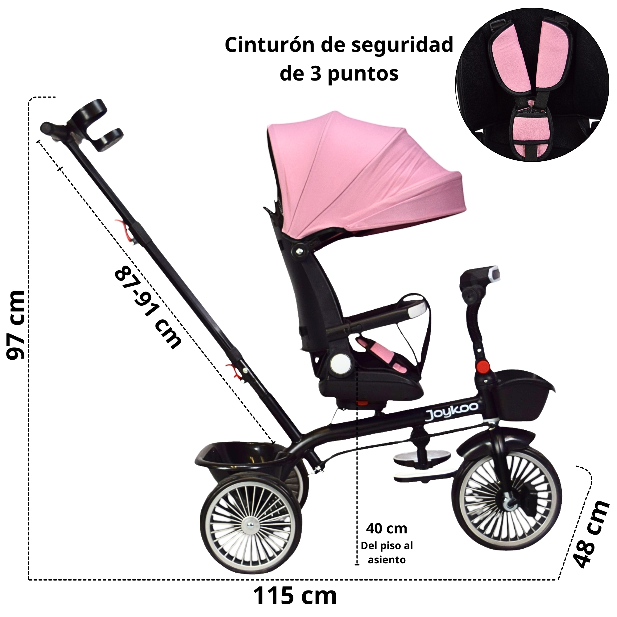 Triciclo para Niños con Asiento Giratorio y Reclinable Luz Sonido Bastón Dirigible - Rosa