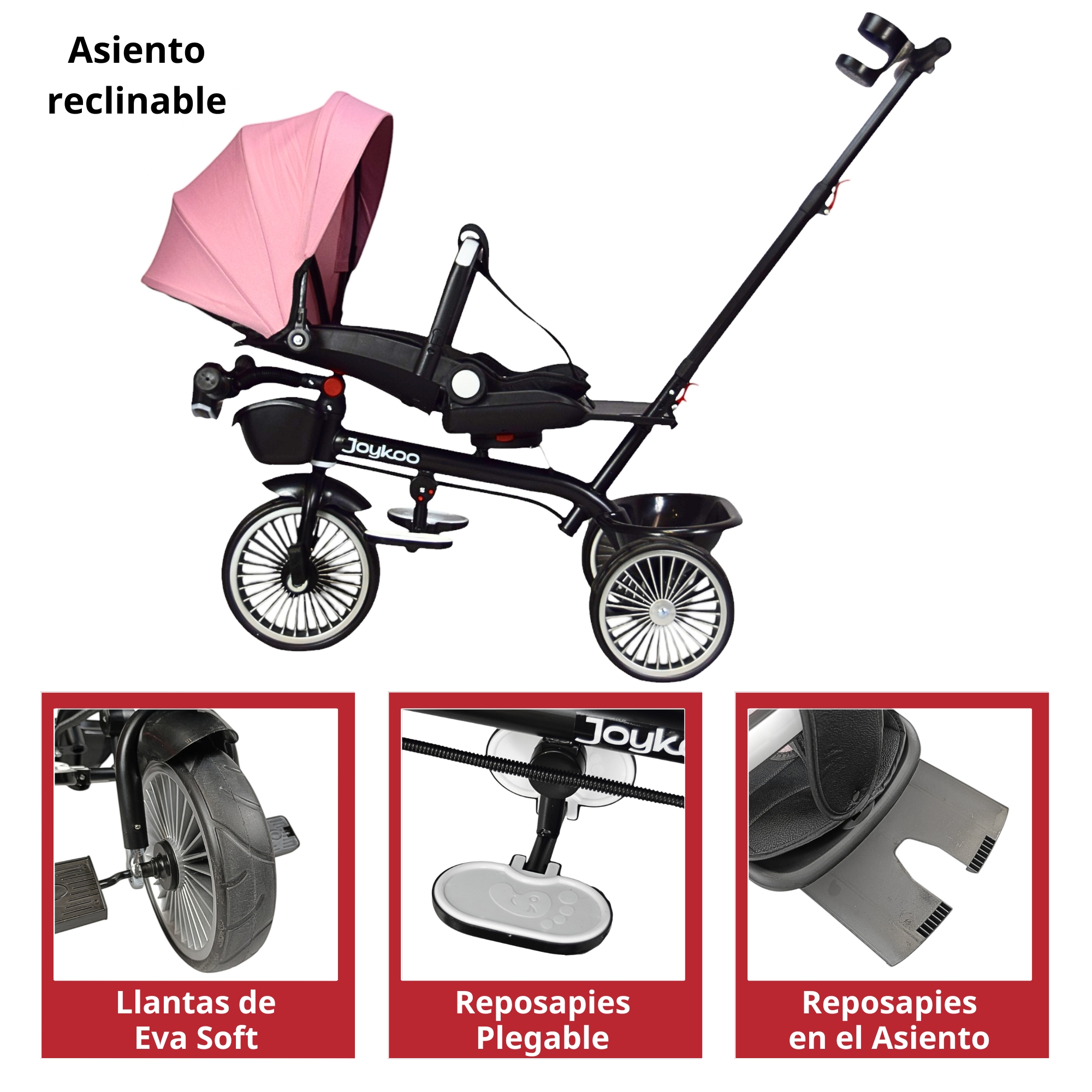 Triciclo para Niños con Asiento Giratorio y Reclinable Luz Sonido Bastón Dirigible - Rosa